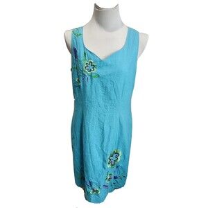 Vintage Betsy Lauren Linen Dress Turquoise Embroidered Flowers Size 12 Lined